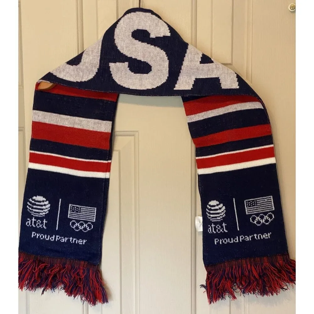 USA Olympic Scarf Red White Blue Acrylic Sweater Knit AT&T Proud Partner